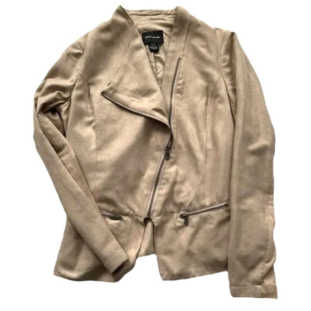 DKNY Jeans Faux Suede Biker Style Zipper Front Jacket Womens XS Neutral Beige - Picture 4 of 9